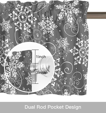 Vandarllin Christmas Kitchen Curtains and Valances Set, Grey White Snowflakes Pattern Windows Treatments Tiers Half/Short Curtains for Small Windows Cafe/Living Room/Bedroom 54x36 in Winter