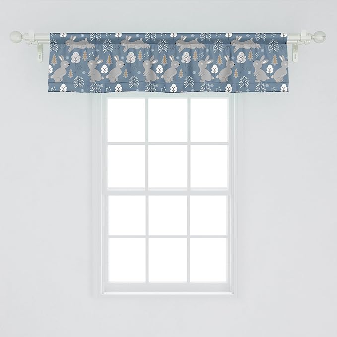 Ambesonne Bunny Window Valance, Continuous Pattern Trees and Rabbits Snowflakes, Curtain Valance for Kitchen Bedroom Decor with Rod Pocket, 42" x 12", Blue Grey Pale Taupe