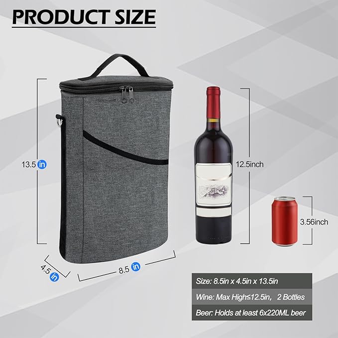 2 Bottle Wine Cooler Bag, Leakproof Insulated Padded Wine Gift Tote Carrier with Handle and Adjustable Shoulder Strap, for Travel, Wine Tasting, Party, Christmas Gift for Wine Lover - Grey