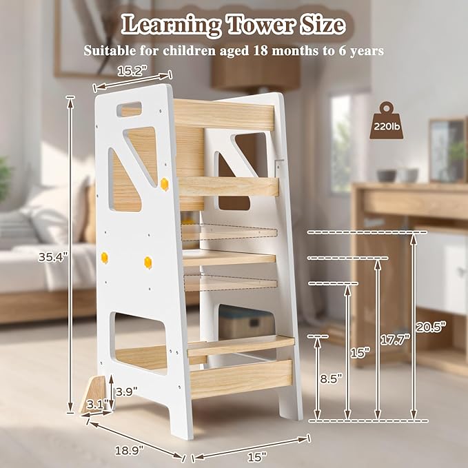 Adjustable Toddler Standing Tower – Complete Toddler Kitchen Stool Helper with Safety Rail – Ideal Kids Learning Step Stool for Cooking, Cleaning & More – Sturdy Wooden Design(White)