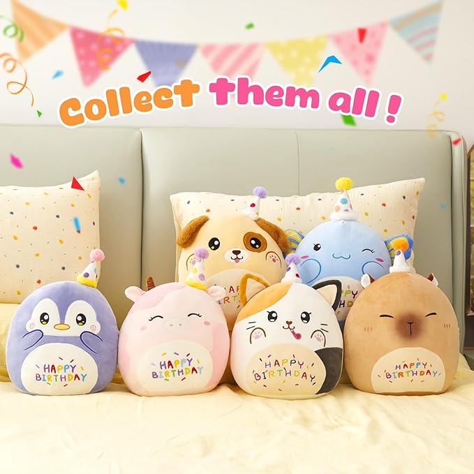 14'' Happy Birthday Puppy Soft Plush Pillow,Cute Birthday Dog Plush,Kawaii Dog Stuffed Animal,Happy Birthday Plush Toy Birthday Party Decoration Birthday Gifts for Kids Boys Girls