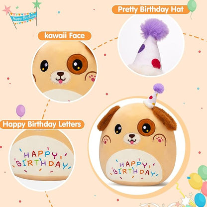 14'' Happy Birthday Puppy Soft Plush Pillow,Cute Birthday Dog Plush,Kawaii Dog Stuffed Animal,Happy Birthday Plush Toy Birthday Party Decoration Birthday Gifts for Kids Boys Girls