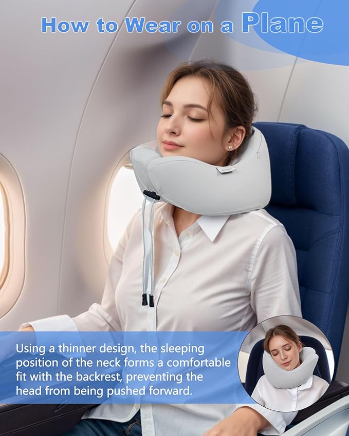 Neck Pillow Airplane with 360-Degree Head Support, Memory Foam 2-in-1 Travel Pillow, Portable Adjustable Neck Pillow for Airplane, Car, Train, Bus Trip and Home Use-Grey