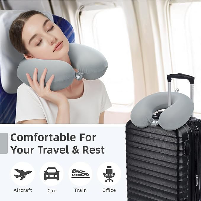 Travel Pillow, Cooling Neck Pillow Airplane Memory Foam with Sleep Mask Earplugs, Soft & Support Airplane Pillow for Travelling Plane Car Train Home Use, Grey