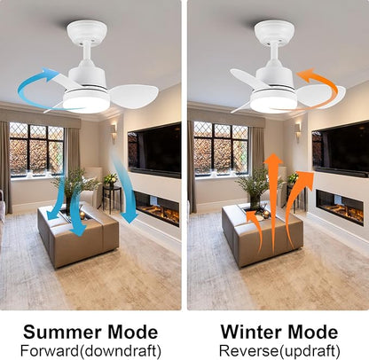 White Small Ceiling Fan with Light 24-Inch, Remote Control, 3-Color Dimmable, Reversible, 6-Speed - Ideal for Kitchen, Bedroom, Balcony, Study - Easy Installation