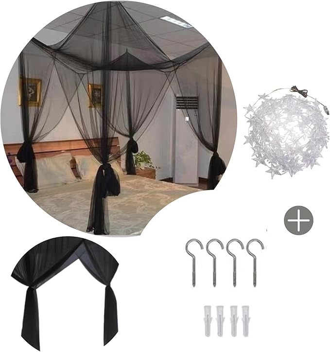 Bed Canopy Mosquito Net for Bed, Canopy Bed Curtains for Twin Full Size, 4 Corner Post Bedroom Canopy with USB String Light, Square Home Decor Bed Drapes for Kids Adults (Black-Light)