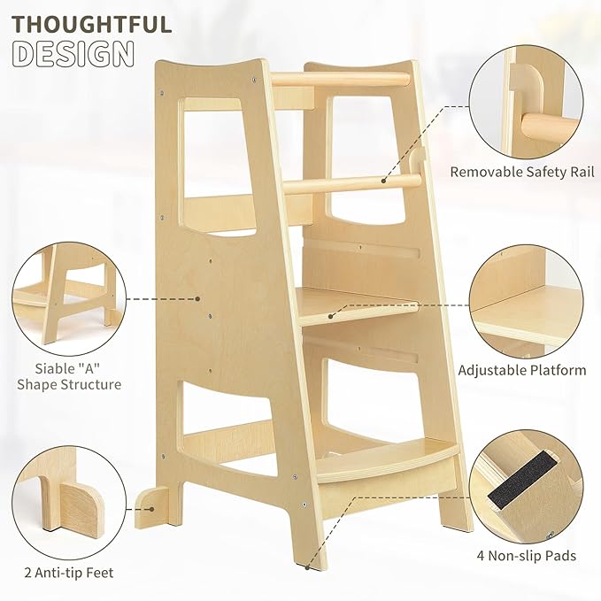 Toddler Step Stools for Kids, Toddler Tower Kids Step Stool with Safety Rail, 3 Heights Adjustable Toddler Kitchen Stool Helper, Kids Toddler Stool for Kitchen Counter Bathroom, Wooden