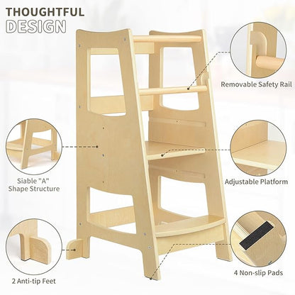 Toddler Step Stools for Kids, Toddler Tower Kids Step Stool with Safety Rail, 3 Heights Adjustable Toddler Kitchen Stool Helper, Kids Toddler Stool for Kitchen Counter Bathroom, Wooden