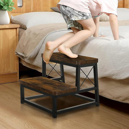 Wooden Step Stool for Adults, 2 Tier Heavy Duty Step Stool for High Bed with Non-Slip Feet, Using for Bedroom, Living Room, Bathroom and Kitchen, Hold Up to 500 LBS