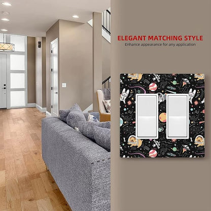 Space Cute Cat Dog Decorative Light Switch Cover Wall Plate 2 Rocker Double Gang Two Decora for Outlet Kitchen Kids Boys Room Bedroom Bathroom Home Novelty Receptacle Decorate