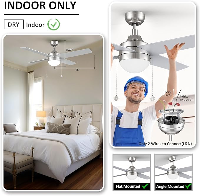 52 Inch Silver Pull Chain Ceiling Fan with Reversible DC Motor, 3-color LED Light Adjustable, 5 Speeds Quiet Reversible DC Motor, 4 Plywood Blades Modern Ceiling Fan for Living Room, Bedroom, Kitchen