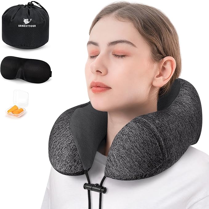 Travel Pillow for Airplane Memory Foam Neck Pillows, Support Travel Pillow for Travelling with Eye Mask, Earplugs and Storage Bag, Sleeping Rest, Car, Train and Home Use Cationic, Black