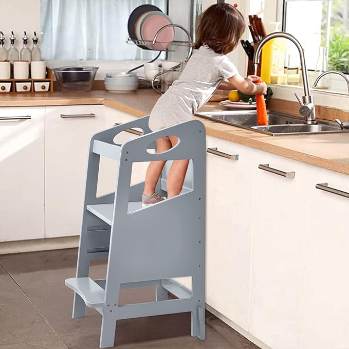 Toddler Kitchen Stool Helper, RONIPIC Toddler Standing Tower with Safety Rail, Kids Wooden Kitchen Step Stool, 3 Heights Adjustable Toddler Tower for Kitchen Counter & Sink, Chalkboard, Anti-Slip