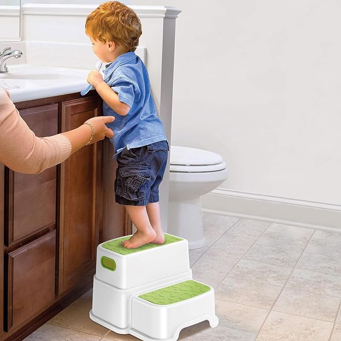 2 Step Stool for Kids, Anti-Slip Toddler Toilet Potty Training Stool with Handles, Two Step Stool for Bathroom, Kitchen, Bedroom, Living Room (Green)