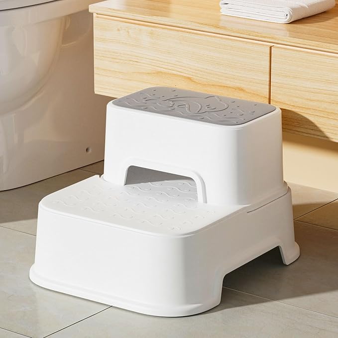 Two Step Stool for Kids(2 Packs), Anti-Slip Sturdy Toddler Two Step Stool for Bathroom, Kitchen and Toilet Potty Training (White)