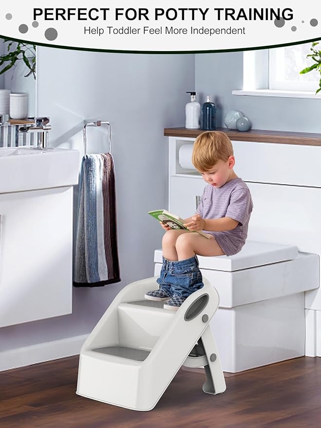 Toddler Step Stool for Kids Bathroom Sink Grey & White | Foldable 2 Step Stool for Kids 1-4 Years Old | Dual Height 11" Child Kitchen Helper with Handles - Easy to Move, Slip-Resistant