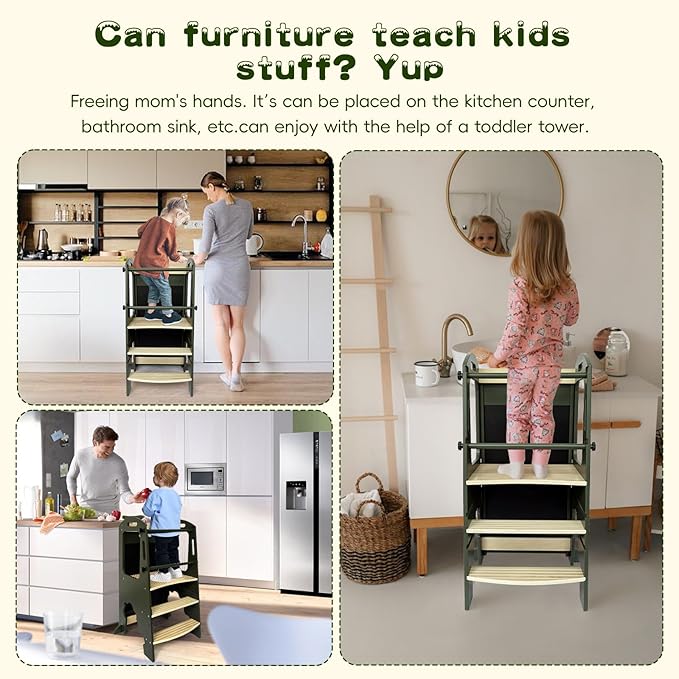 Toddler Kitchen Step Stool,Kids Standing Tower, Removable Anti-Drop Railing Safety Rail,A Anti-tip Structure More Stable, Natural Wooden