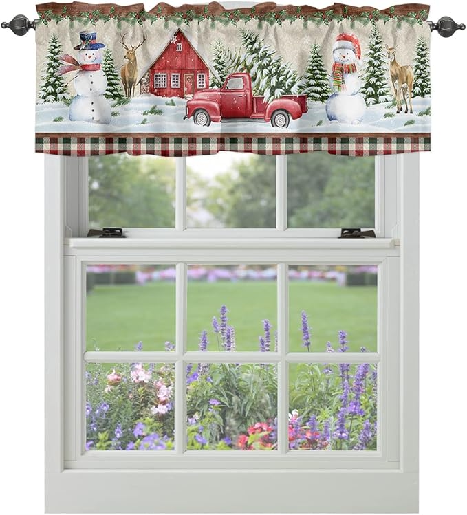 Vandarllin Christmas Farmhouse Kitchen Curtains Valances for Windows Snowman Farm Red Truck Rod Pocket Window Treatment for Kitchen/Living Room/Bedroom/Bathroom,42" X 18" -1 Panel, Winter Holiday