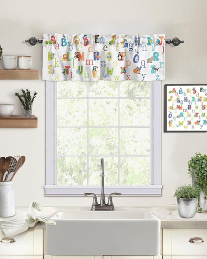 Valance Curtains for Kitchen Window, Cute Animals Alphabet for Kids Rod Pocket Valances Window Treatments Colorful Printed Short Curtains for Bedroom/Living Room,54" X 18" -1 Panel,