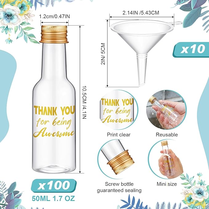 100 Pcs Thank You Mini Liquor Bottles 1.8 oz Plastic Alcohol Bottles with 10 Funnel Airtight Shot Bottles Bulk Empty Spirit Bottles with Black Cap for Birthday Wedding Thank You Party Favors