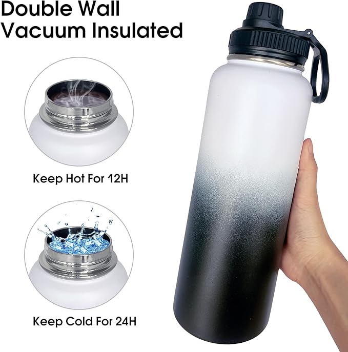 1pack 40 oz Insulated Water Bottle With Straw, Stainless Steel Sports Water Cup Flask with 2 Lids, Wide Mouth Travel Thermal Mug,Black white