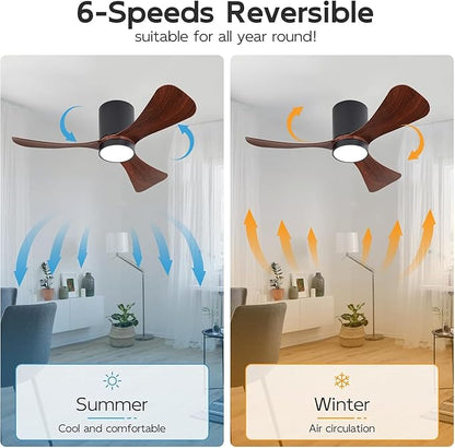 42 Inch Low Profile Ceiling Fan with Lights, Modern Flush Mount Ceiling Fan, 3 ABS Blades, 6-Speed, Reversible DC Motor, Noiseless, for Indoor/Outdoor Kitchen Bedroom, Black+Walnut