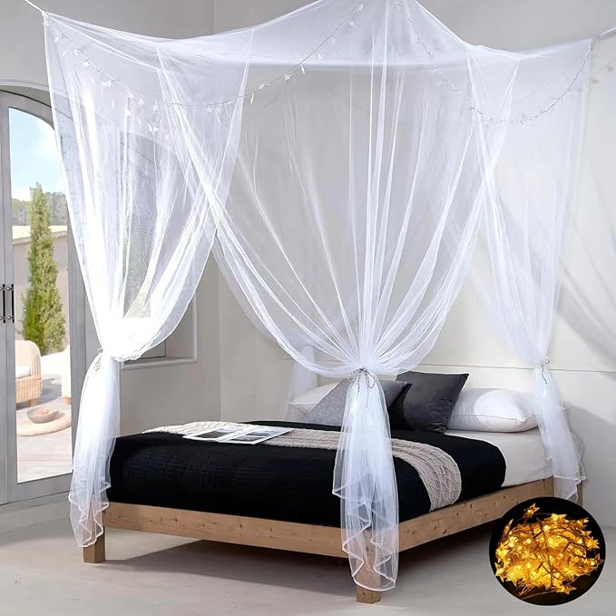 Bed Canopy Mosquito Net for Bed, Canopy Bed Curtains for Twin Full Size, 4 Corner Post Bedroom Canopy for Kids Adults, Square Bed Drapes Home Decor (White-Light)