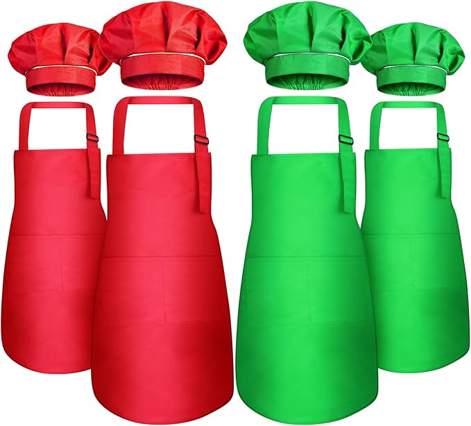 4 Sets Christmas Kids Apron and Chef Hat Boys Girls Aprons with 2 Pockets Hats Cooking Kitchen Painting Baking Wear (Classic)