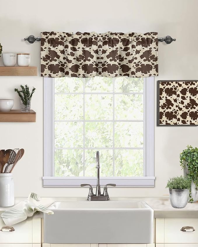 Vandarllin Brown Cowhide Cow Print Kitchen Curtains Valances for Windows Graffie Rod Pocket Window Treatment for Kitchen/Living Room/Bedroom/Bathroom,42" X 18" -1 Panel,