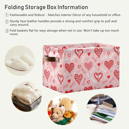 Wamika Pink Love Heart Storage Basket Fabric Kitchen Baskets Happy Valentine's Mother's Day Open Home Storage Bins Boxes Foldable Organizer Bag Cloth Toy Book Shelf Closet Baskets 16×12×8 Inches