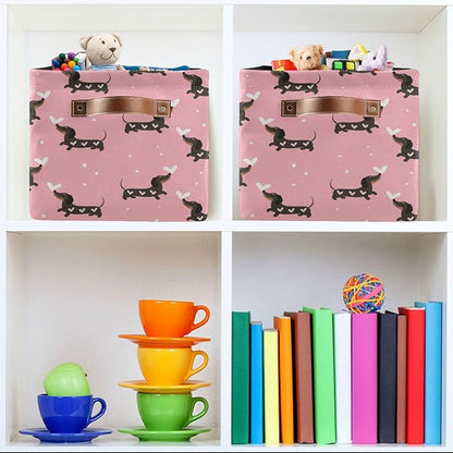 Wamika Pink Love Dachshund Dog Storage Basket Fabric Kitchen Baskets Cute Puppy Open Home Storage Bins Boxes Foldable Organizer Bag for Baby Cloth Pet Toy Book Shelf Closet Baskets 16×12×8 Inches