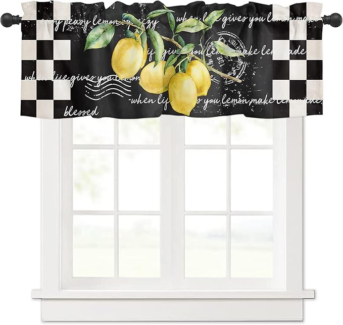 Valance Curtains for Kitchen Window, Summer Tropical Lemon Rod Pocket Valances Window Treatments Buffalo Plaid Black White Short Curtains for Bedroom Decor,54" X 18" -1 Panel,