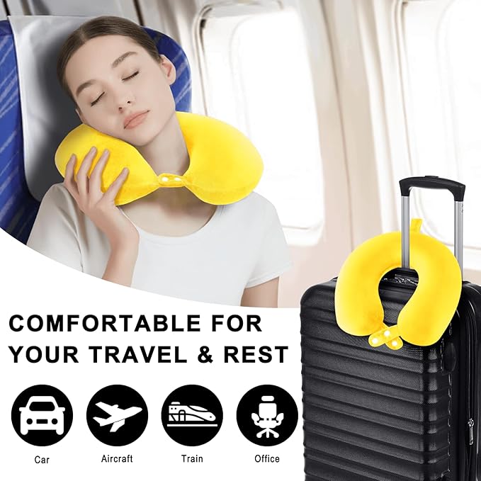 Travel Neck Pillow Airplane, Soft Memory Foam Support Head Neck Chin, with Removale Cover and Adjustable Snap Button, Comfortable Sleeping in Plane Car Train Traveling Office Home, Yellow