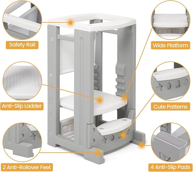 Toddler Tower Height Adjustable Step Stool for Kids Montessori Learning Stool Toddler Kitchen Stool Helper with Dry Erase Board Non-Slip Safety Rail