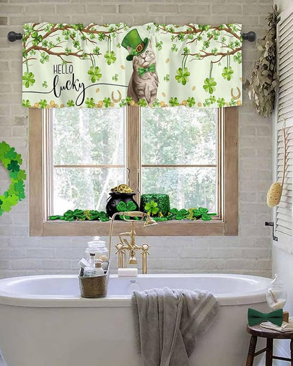 Vandarllin Lucky Cat St. Patrick's Day Kitchen Curtains Valances for Windows Green Spring Shamrocks Tree Rod Pocket Window Treatment for Kitchen/Living Room/Bedroom/Bathroom, 42" X 18",