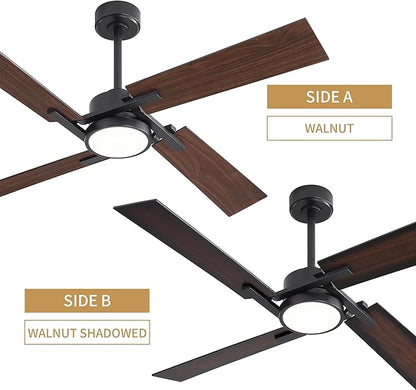 WINGBO 72 Inch DC Ceiling Fan with Lights and Remote, 4 Plywood Blades, 6-Speed Reversible DC Motor, Dimmable, 3CCT, Large Ceiling Fan for Bedroom Living Room Kitchen, Black and Walnut/Shadowed Walnut