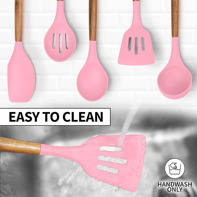 Zulay Kitchen Utensils Set - Non-Stick Silicone Cooking Utensils Set with Authentic Acacia Wood Handles - 5 Piece Silicone Utensil Set - Silicone Kitchen Utensils Set (Pink)