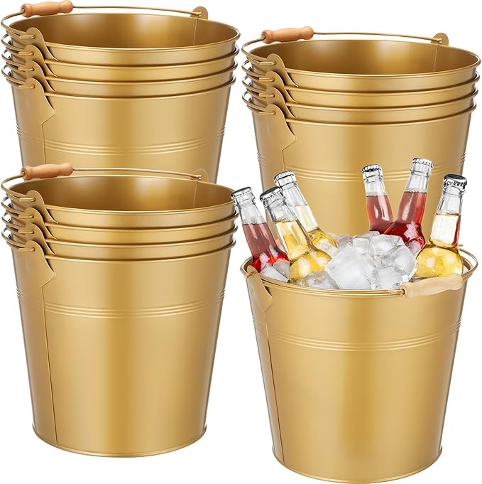 12 Pcs Large Galvanized Metal Buckets with Handle 10 Inch Heavy Duty Stainless Steel Pails Round Pail for Party Wedding, Crafts, Utensils, Table Centerpieces (Gold)