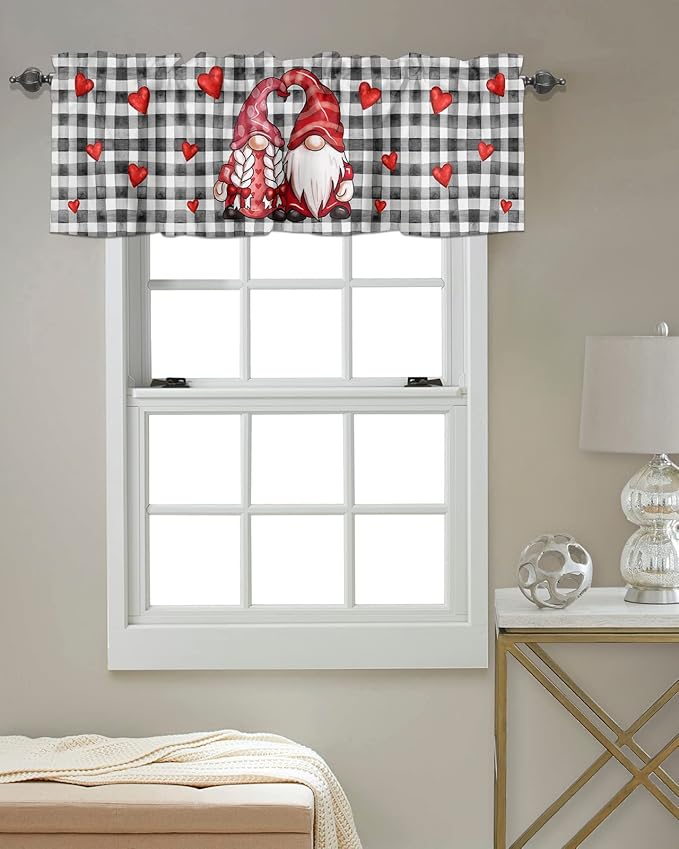 Valentines Day Gnomes Lovers Valances Kitchen Curtains for Windows,Buffalo Plaid Hearts Rod Pocket Valances Wedding Valentines Decoration Short Curtains for Bedroom/Living Room,54" X 18" -1 Panel