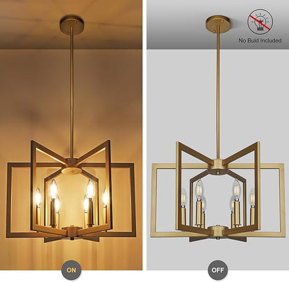 6-Light Gold Pendant Light, Modern Farmhouse Dining Room Light Fixtures Over Table, Industrial Metal Geometric Kitchen Chandelier for Entryway Hallway Foyer Bedroom