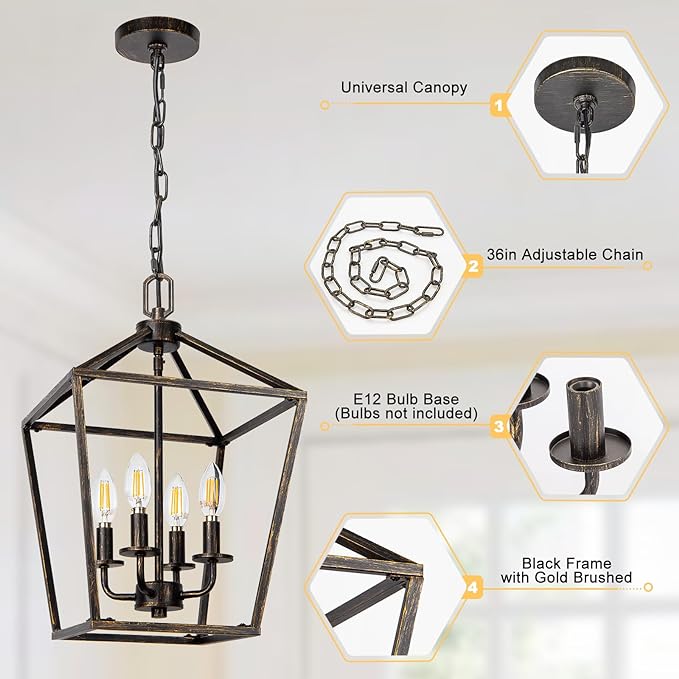 4 Light Chandelier Lighting, Industrial Ceiling Light Black Lantern with Brushed Gold, Geometric Metal Hanging Light Fixture with Adjustable Chain, E12 Base for Entryway Kitchen Island, Indoor Use