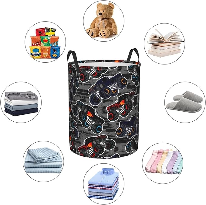 Monster Truck Boys Style Round Laundry Hamper Storage Basket Toys Clothes Organizer Bin For Home Bathroom Bedroom Dorm Nursery, 62l