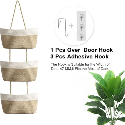 TeoKJ Over the Door Hanging Basket, 3-Tier Woven Cotton Wall-Mounted Storage Organizer Bag Decorative Hanging Kitchen Baskets - White + Jute