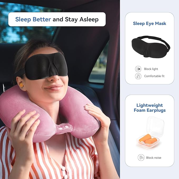 Cooling Travel Pillow, Neck Pillow Airplane Memory Foam Double-Side with Sleep Mask Earplugs, Soft & Support Airplane Pillow for Travelling Plane Car Train Home Use, Pink