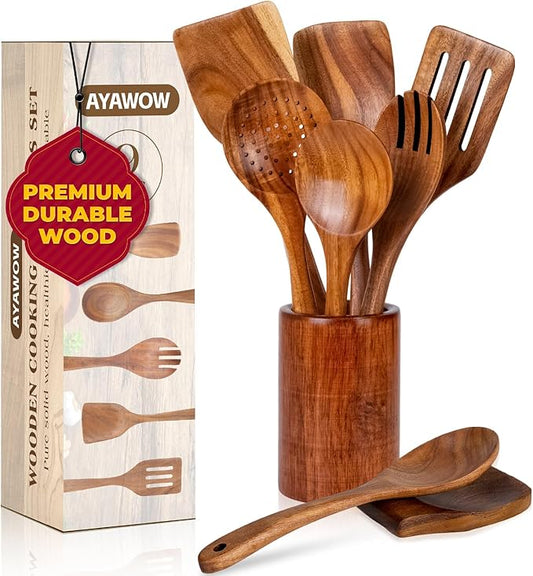 9 Pcs Wooden Kitchen Utensil Set, Wooden Spoons for Cooking, Wooden Cooking Spoons with Nonstick Spatula Set, Teak Wooden Utensil Set With Holder & Spoon Rest