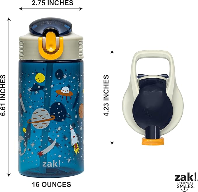 Zak Designs Kids Water Bottle For School or Travel, 16oz Durable Plastic Water Bottle With Straw, Handle, and Leak-Proof, Pop-Up Spout Cover (Space)