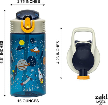 Zak Designs Kids Water Bottle For School or Travel, 16oz Durable Plastic Water Bottle With Straw, Handle, and Leak-Proof, Pop-Up Spout Cover (Space)