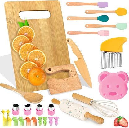 Wooden Kids Knife Set for Real Cooking,26PCS Kids Cooking Sets Real,Montessori Kitchen Tools and Toddler Knife Set,gift for children,Toddler Kitchen Tools for Real Cooking Experience