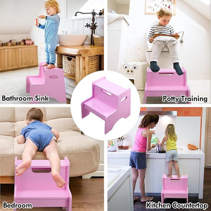 Wooden Toddler Step Stool for Kids, Toddler Kitchen Stool Helper, Toddler Step Stool with Handle Bamboo Step Stool for Bathroom, Kitchen Dual Height Step Stools for Kids(Pink)