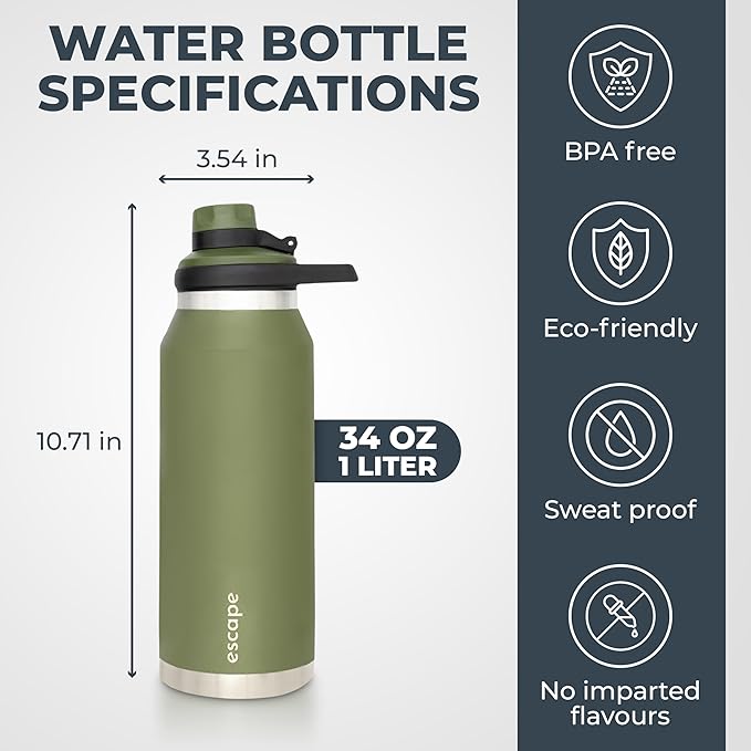 1 Liter Water Bottle Ideal for Gym Dishwasher Safe 34 oz Insulated Stainless Steel that Keeps Hot & Cold Wide Mouth EVERGREEN ESCAPE